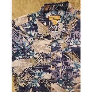 Caribbean Joe Mens 100% Silk Blue Tropical Short Sleeve Button-up Shirt L Hawaii